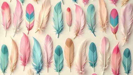 Aufkleber - A seamless pattern of colorful feathers on a cream-colored background. The feathers are arranged diagonally and have a gradient color scheme