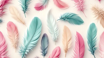 Aufkleber - A seamless pattern of colorful feathers on a cream-colored background. The feathers are arranged diagonally and have a gradient color scheme