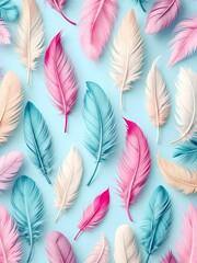Poster - A seamless pattern of colorful feathers on a light blue background. The feathers are arranged in a random pattern and have a soft, pastel color palette