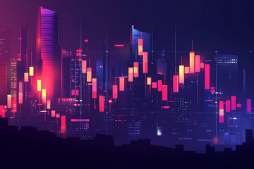 Poster - A vibrant digital cityscape with candlestick chart elements representing financial markets.