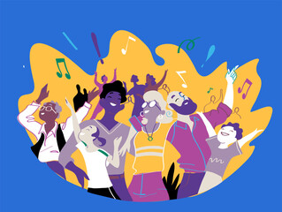 Wall Mural - A happy group of people of different ages celebrate a special event. Happy family enjoy concert, music festival, party, show, performance, recital. Vector illustration