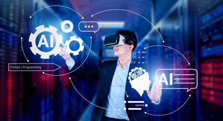 Poster - businessman with headset standing at data center while using ai assistance. project manager pointing