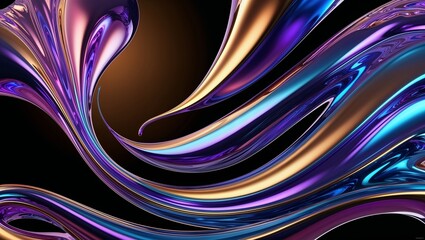Poster - Vibrant generative AI abstract liquid texture 3D wallpaper featuring swirling rivulets of iridescent blues and purples, blended with warm golden hues, set against a deep, rich black background, creati
