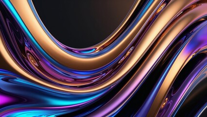 Poster - Vibrant generative AI abstract liquid texture 3D wallpaper featuring swirling rivulets of iridescent blues and purples, blended with warm golden hues, set against a deep, rich black background, creati