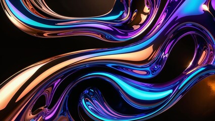 Poster - Vibrant generative AI abstract liquid texture 3D wallpaper featuring swirling rivulets of iridescent blues and purples, blended with warm golden hues, set against a deep, rich black background, creati