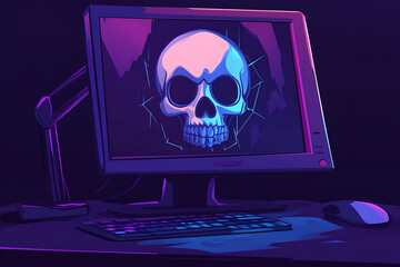Poster - A computer monitor displays a skull graphic, surrounded by a broken screen effect.