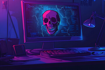 Poster - A computer setup with a skull graphic, evoking a cyberpunk aesthetic.