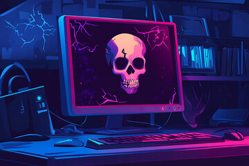 Poster - A digital artwork featuring a computer displaying a glowing skull amidst a dark, tech-themed setting.