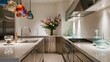 © infinite - Stylish interior of modern luxury kitchen, blooming flowers in vase, glass bottles on countertop
