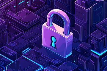 Poster - A digital illustration of a padlock on a futuristic, abstract background.