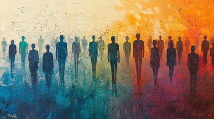 Poster - Colorful network of interconnected figures illustrating social media connections and interactions 