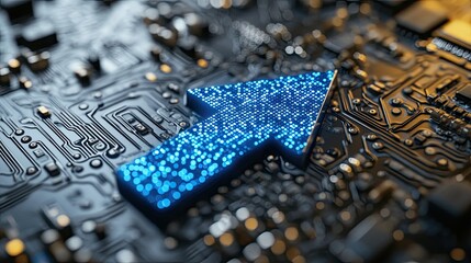 Poster - Digital blue arrow pointing forward, arrow on tech background --