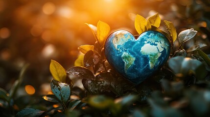 Poster - Heart-shaped Earth symbolizing global love and environmental conservation, emphasizing the connection between humanity and the planet 