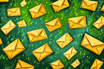 Poster - A vibrant illustration of scattered yellow envelopes on a green background.