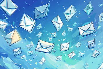 Poster - A whimsical scene of floating envelopes in a blue sky, symbolizing communication and messages.