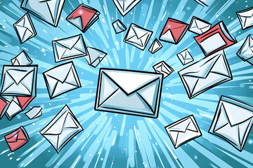 Poster - A burst of flying envelopes representing communication and messaging.