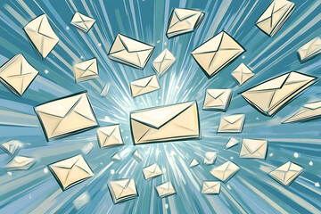 Poster - A burst of illustrated envelopes representing communication and messages.