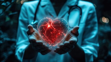 Poster - Medical doctor holding glowing virtual human heart in hands in cardio vascular system protection and health care concepts