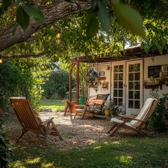 Poster - Two wooden deck chairs, morning coffee and books under the tree. Summer or weekend outdoor leisure in the peaceful garden nook.