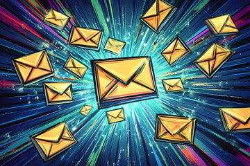 Poster - A burst of golden envelopes symbolizes communication and digital messaging.