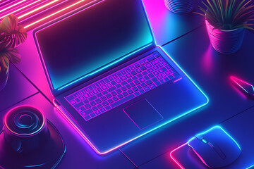 Poster - A vibrant, neon-lit workspace featuring a laptop, mouse, and plants.