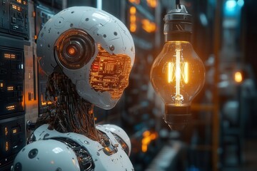 Wall Mural - futuristic scene showcasing human-robot interaction blending ai and big data, illuminated by a glowing brain and data-powered light bulb emphasizing innovation