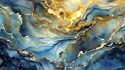 Poster - Beautiful gold and blue abstract art showcasing fluid patterns and vibrant colors inspired by nature's elegance. Generative AI