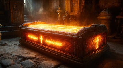 A stone sarcophagus glows with an inner fire, crosses etched into its surface.  The ancient setting adds to the mystical ambiance.