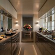 © infinite - Stylish interior of modern luxury kitchen, blooming flowers in vase, cooking utensils on countertop