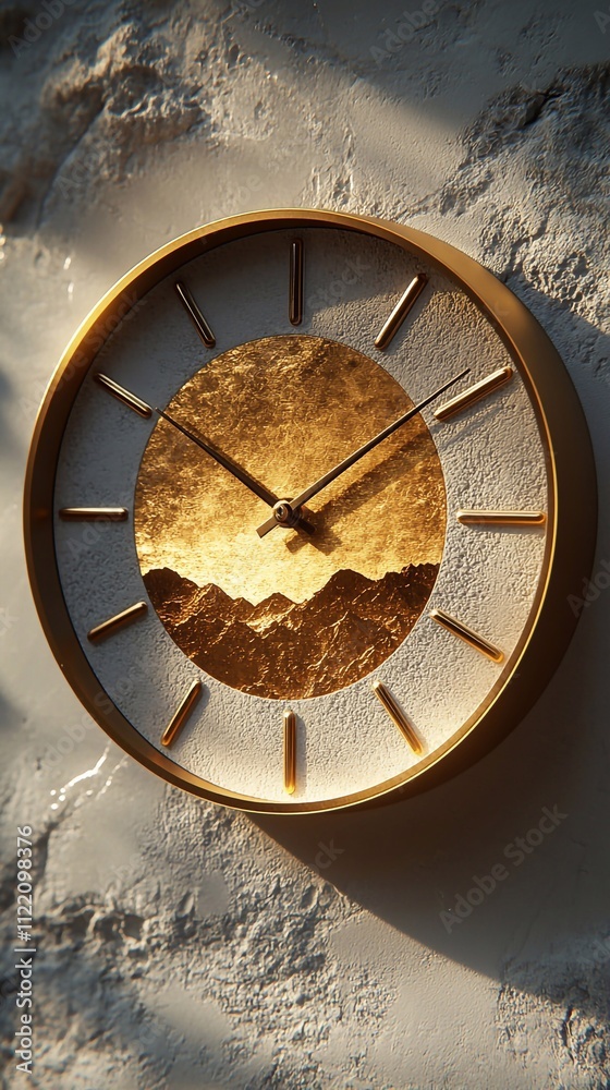 Design of a minimalist clock on a white wall with gold foil. The design ...