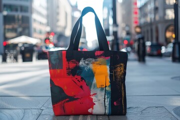 Aufkleber - Colorful tote bag displayed on a vibrant pedestal in an artful arrangement with geometric shapes