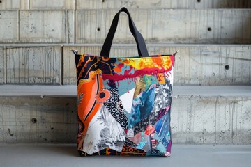 Aufkleber - Colorful tote bag displayed on a vibrant pedestal in an artful arrangement with geometric shapes