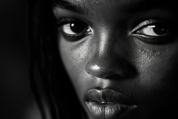Poster - Close-up portrait of a woman with expressive features against a dark background showcasing emotional depth and strong lighting contrasts