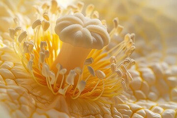 Poster - Close-up view of a vibrant purple flower showcasing intricate yellow and orange stamen with water droplets in morning light