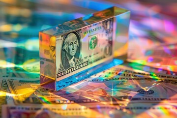 Leinwandbilder - Colorful prism refracting light over scattered dollar bills creating a captivating visual display in an indoor setting