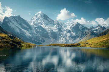 Wall Mural - Majestic mountain landscape with reflective lake and clear blue sky during daytime in a remote natural setting