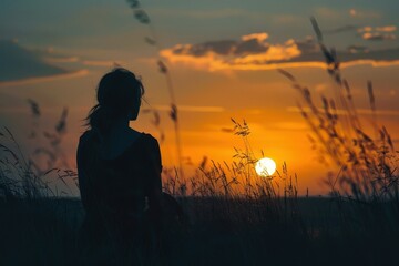 Poster - Sunset silhouette of a woman sitting on a grassy hill against a vibrant orange sky, capturing a moment of tranquility and reflection