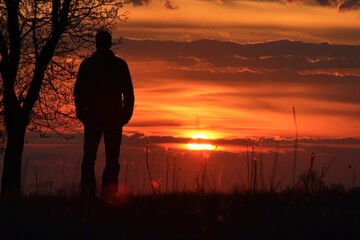 Poster - Sunset silhouette of a woman sitting on a grassy hill against a vibrant orange sky, capturing a moment of tranquility and reflection