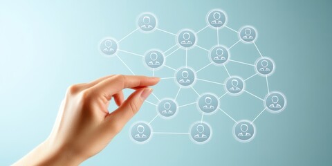 Poster - Hand Reaching Towards Abstract Network of Connected People Representing Digital Communication and Social Interaction in Modern Technology Environment
