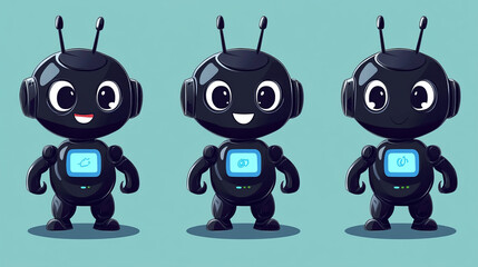 Poster - Set of robot mascots isolated on background. Vector cartoon illustration of cute black bot characters with emotions on led screen face, antenna on head, ai technology, service app, smart chatbot