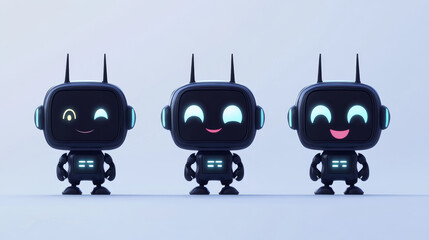 Poster - Set of robot mascots isolated on background. Vector cartoon illustration of cute black bot characters with emotions on led screen face, antenna on head, ai technology, service app, smart chatbot
