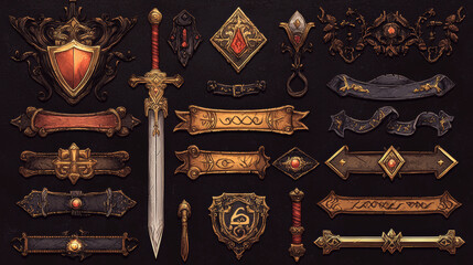 Poster - medieval buttons, ui game menu elements, gold metal oblong banners and ornate rims. empty royal gui 