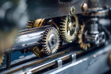 Leinwandbilder - Intricate details of vintage brass gear mechanism showcasing mechanical craftsmanship in a dimly lit workshop setting