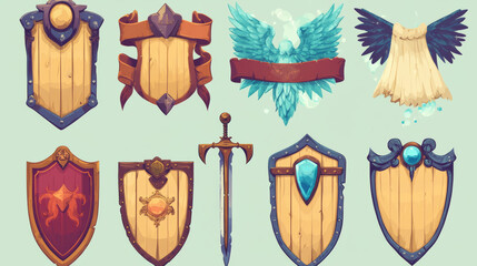 Poster - game level ui icons, wooden shields or banners with wings and magic haze. isolated award frames or b