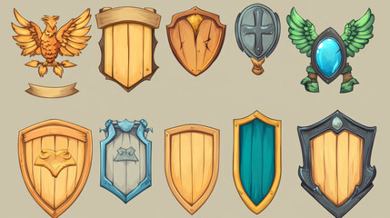 Poster - game level ui icons, wooden shields or banners with wings and magic haze. isolated award frames or b