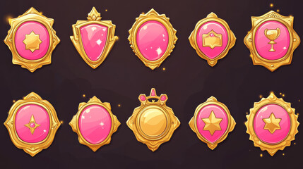 Poster - award badges with fantasy gold frames. decorative emblems, achievement signs for win, top place in g