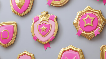Poster - award badges with fantasy gold frames. decorative emblems, achievement signs for win, top place in g