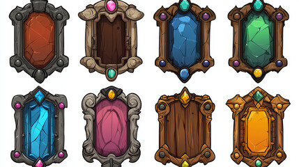 Poster - round avatars frames for game, ui textured medieval jagged metal and wooden borders. cartoon empty b