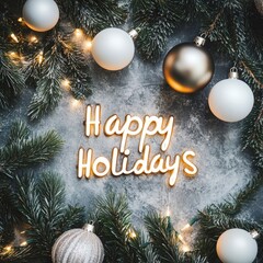 Wall Mural - christmas tree with happy holidays text and festive ornaments
