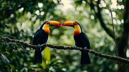 A toucan perched on a branch in lush green vegetation, showcasing Costa Rican nature with a pair of keel-billed toucans in their natural habitat.